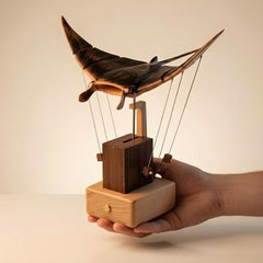 Handcrafted Kinetic Manta Ray Wood Sculpture: Solid Walnut, Silent Motion, USB-C Rechargeable
