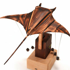Handcrafted Kinetic Manta Ray Wood Sculpture: Solid Walnut, Silent Motion, USB-C Rechargeable