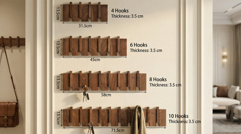 Dimensions of 4 hooks 6 hooks 8 hooks 10 hooks walnut wall rack