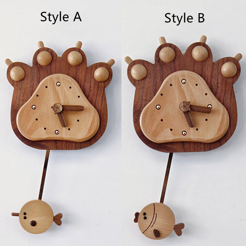 Fish And Bear Paw Cartoon Mute Solid Wood Pendulum Clock Indoor Wall Clock - WOOD KONG