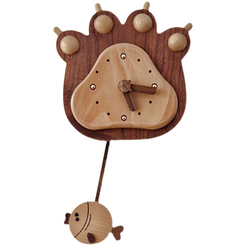Fish And Bear Paw Cartoon Mute Solid Wood Pendulum Clock Indoor Wall Clock - WOOD KONG