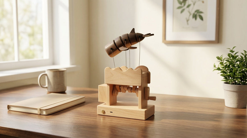 USB - C Rechargeable Wooden Mechanical Whale Desk Ornament (Black Walnut / Beech) - WOOD KONG
