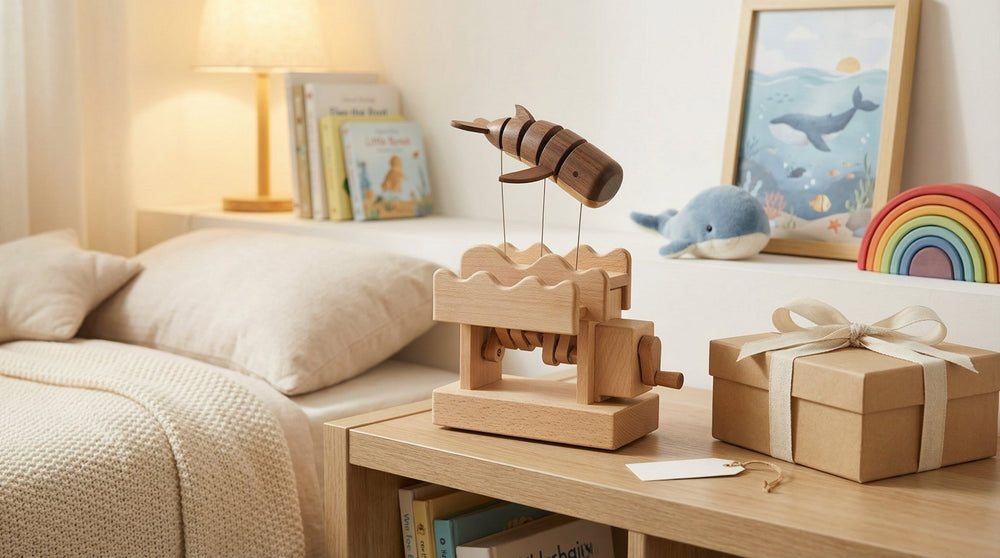 USB - C Rechargeable Wooden Mechanical Whale Desk Ornament (Black Walnut / Beech) - WOOD KONG