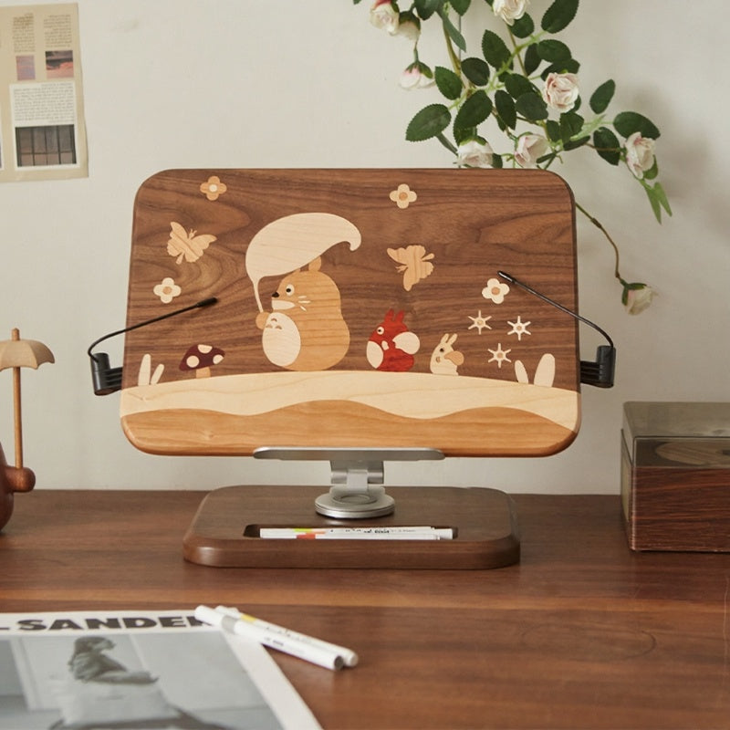 Black Walnut Tablet & Phone Stand with Little Prince Inlay – Adjustable Wooden Holder