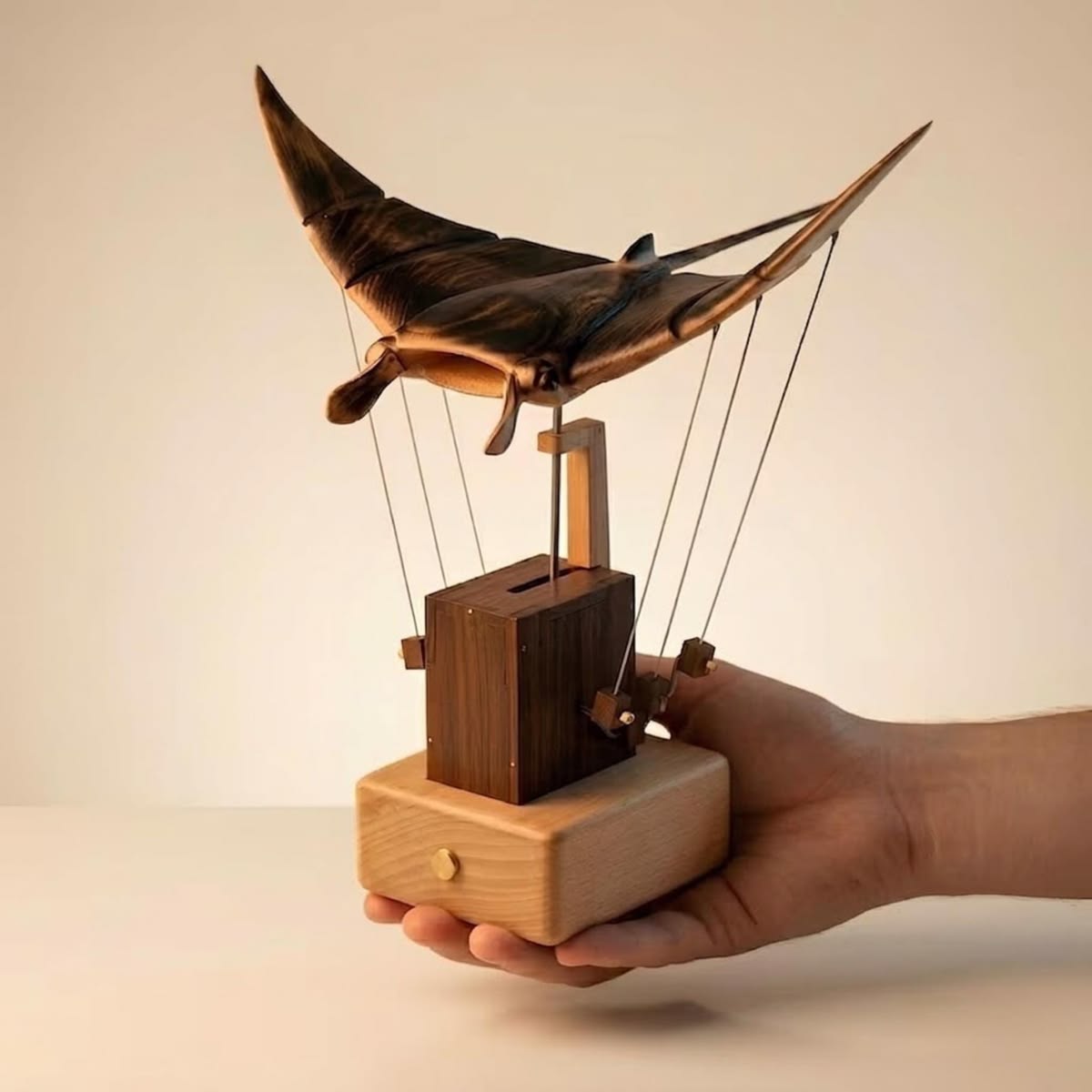 Handcrafted Kinetic Manta Ray Wood Sculpture: Solid Walnut, Silent Motion, USB-C Rechargeable