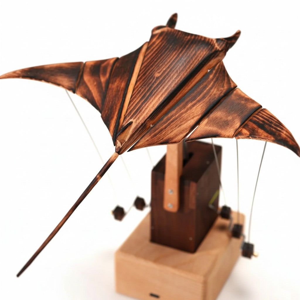 Handcrafted Kinetic Manta Ray Wood Sculpture: Solid Walnut, Silent Motion, USB-C Rechargeable