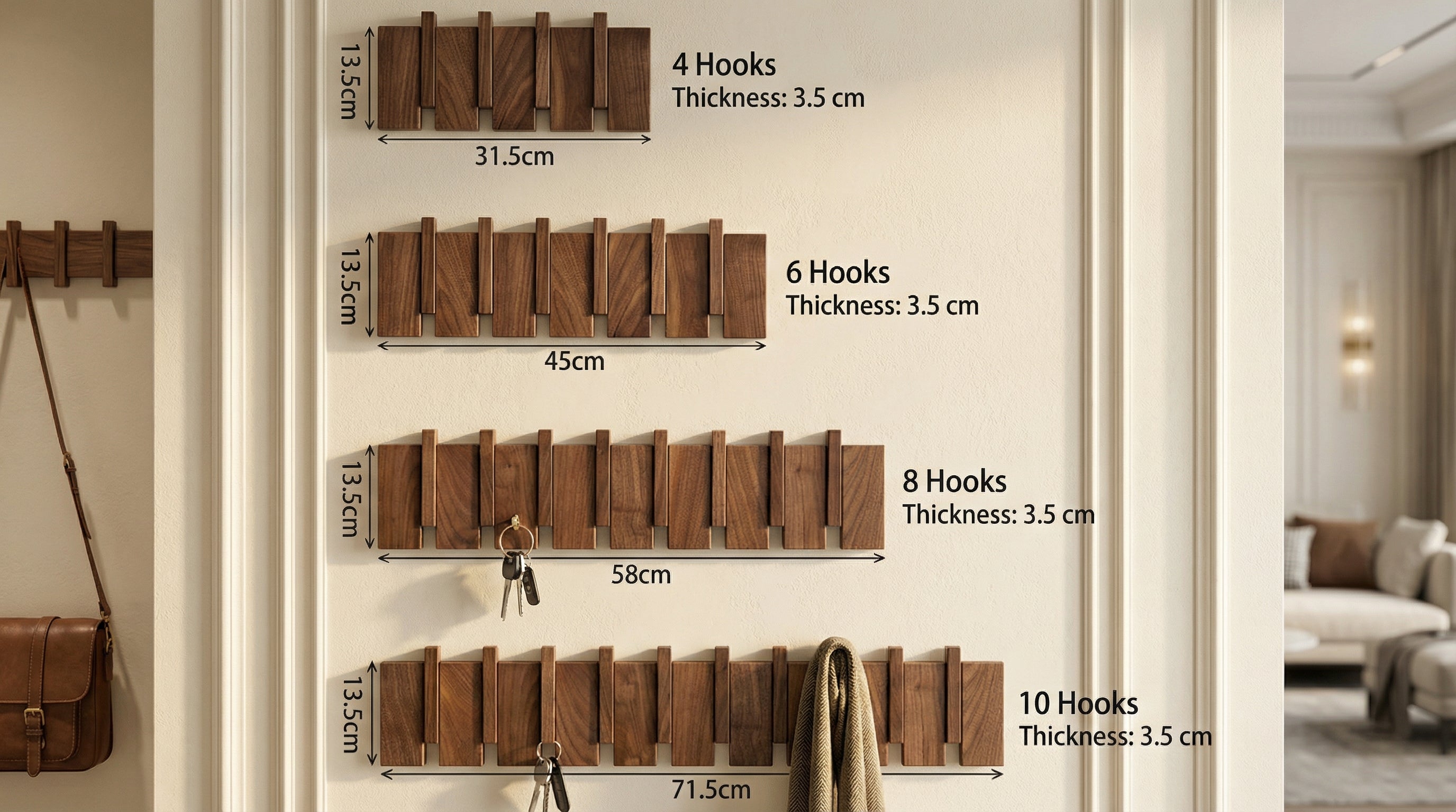 Dimensions of 4 hooks 6 hooks 8 hooks 10 hooks walnut wall rack
