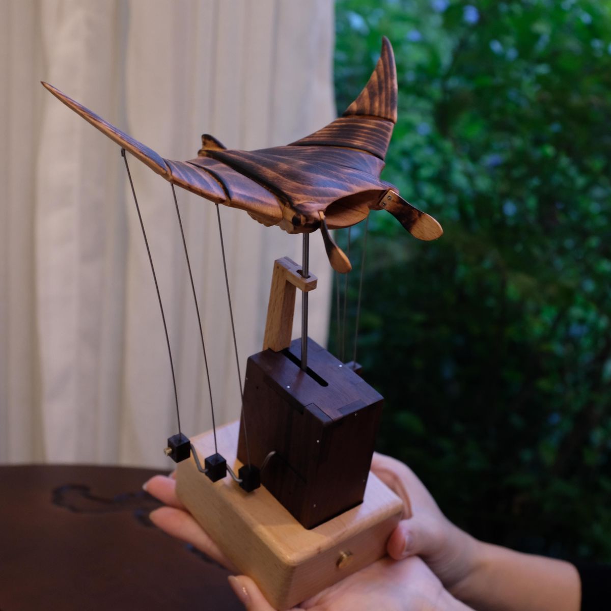 Handcrafted Kinetic Manta Ray Wood Sculpture: Solid Walnut, Silent Motion, USB-C Rechargeable