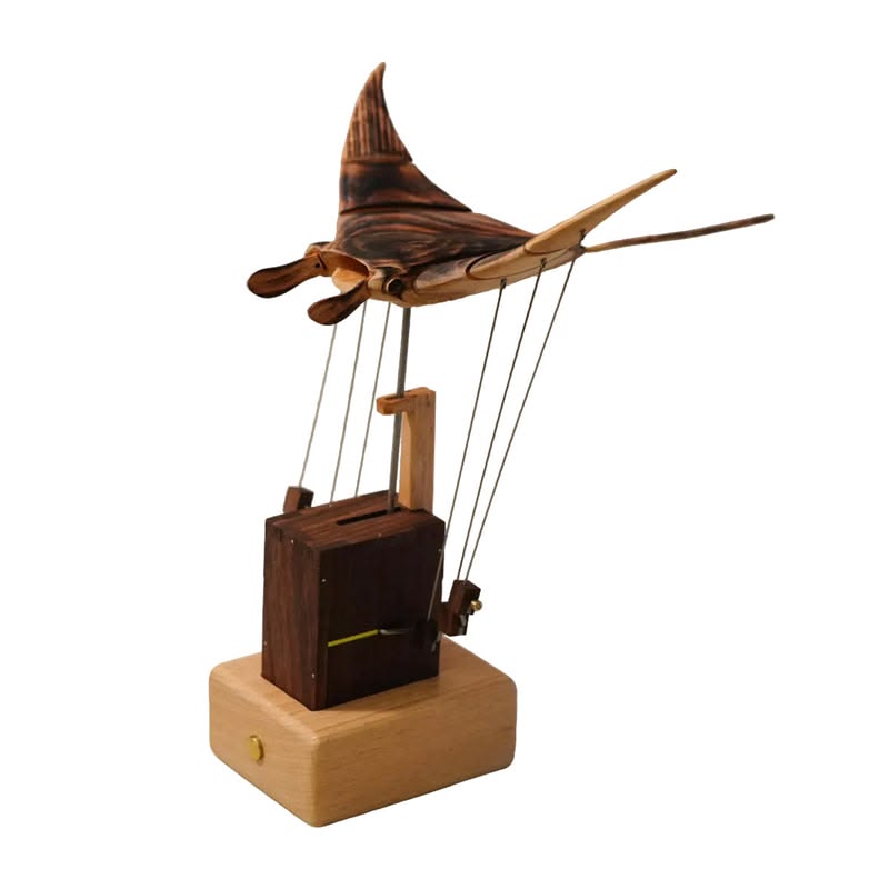 Handcrafted Kinetic Manta Ray Wood Sculpture: Solid Walnut, Silent Motion, USB-C Rechargeable