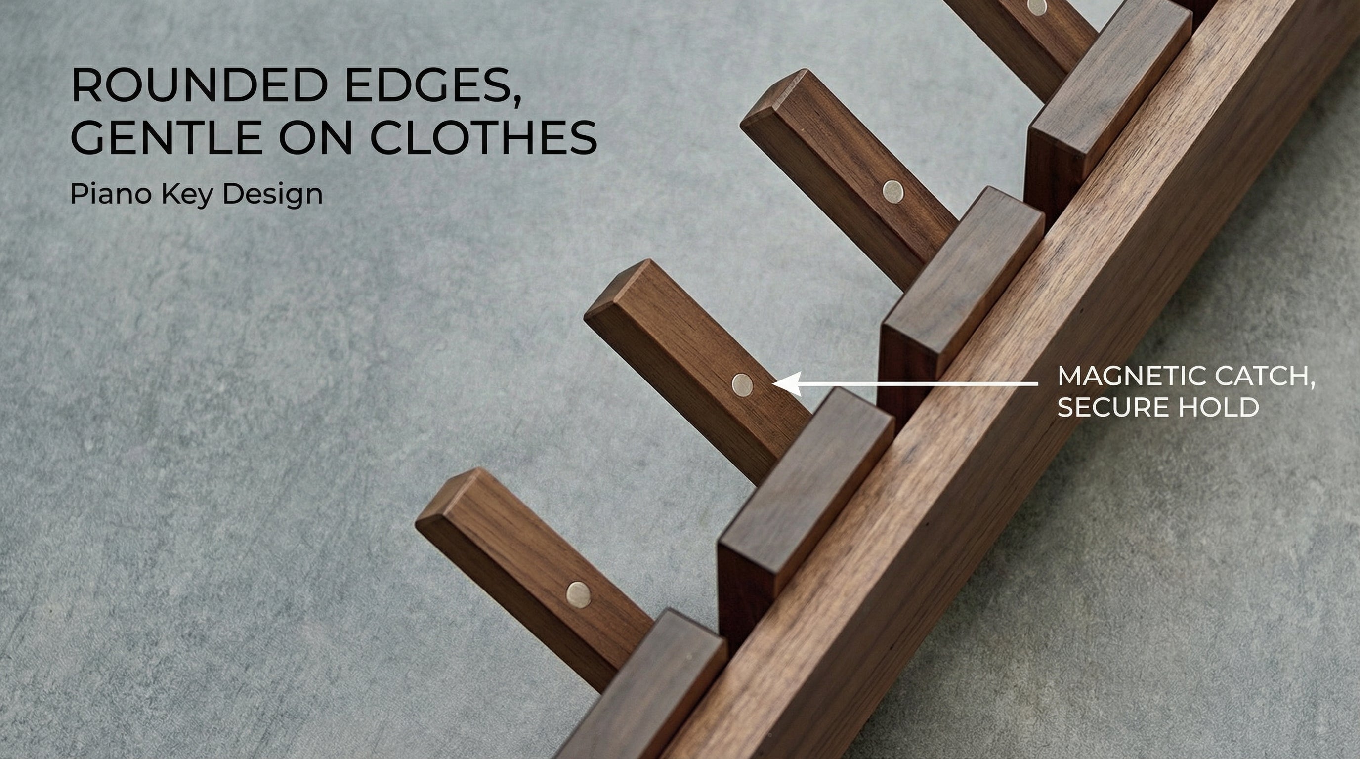 Close up of wooden flip down hook with magnetic catch detail and rounded edges