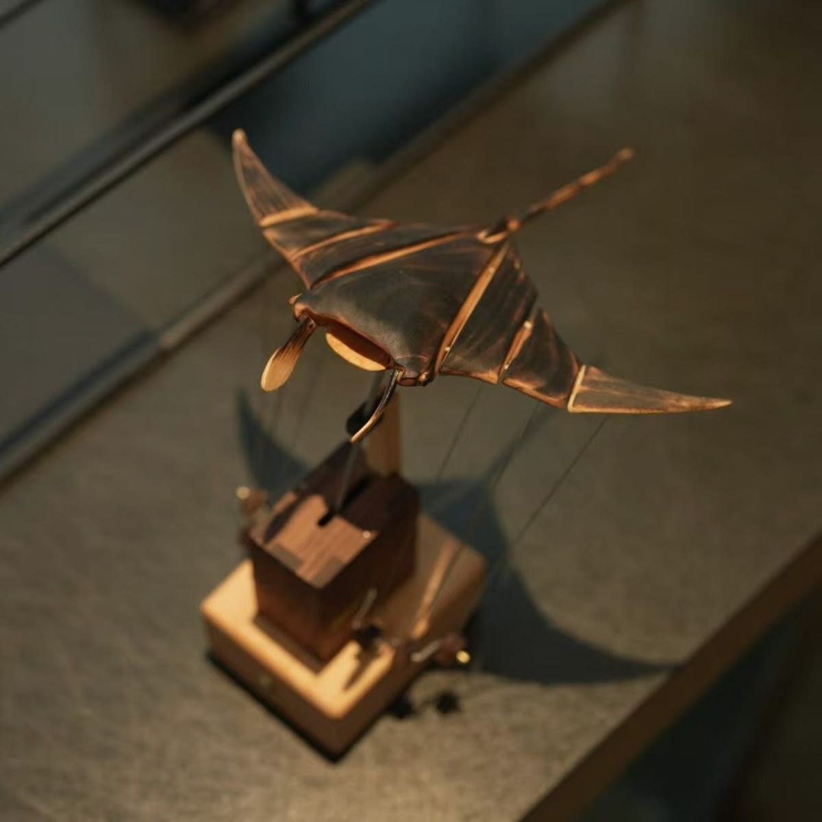 Handcrafted Kinetic Manta Ray Wood Sculpture Solid Walnut, Silent Motion, USB-C Rechargeable
