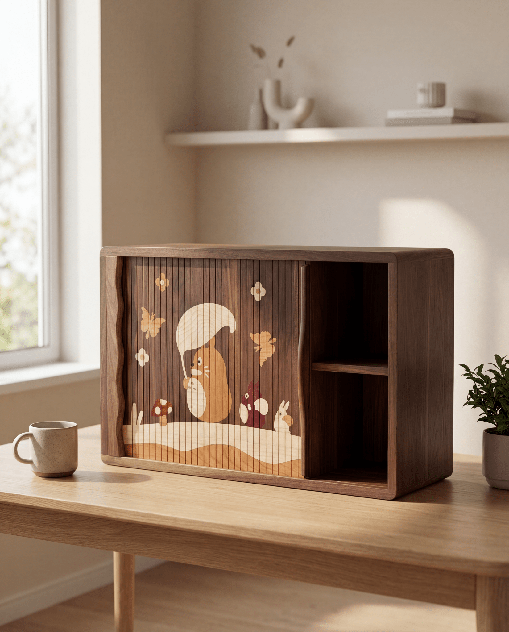 Premium walnut tabletop organizer cabinet with closed sliding door, minimalist style