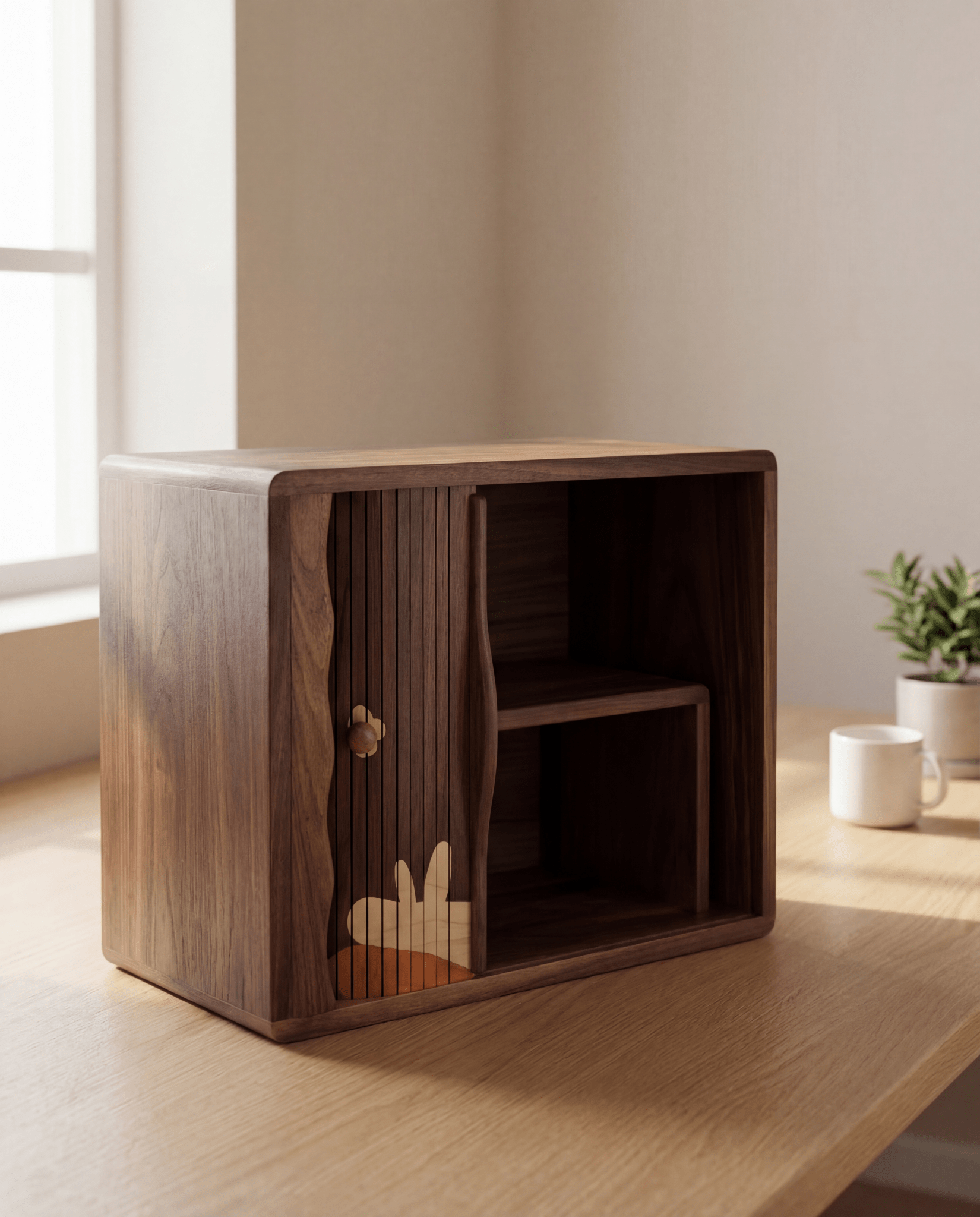 Walnut storage cabinet with partially open sliding door showing two-tier interior