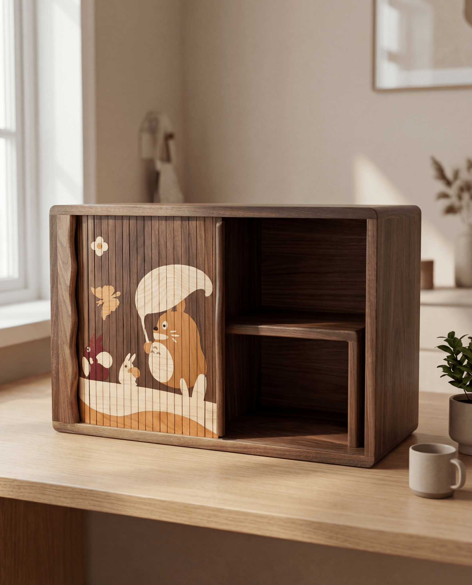 Wooden desktop storage cabinet with two-tier shelves and smooth sliding door