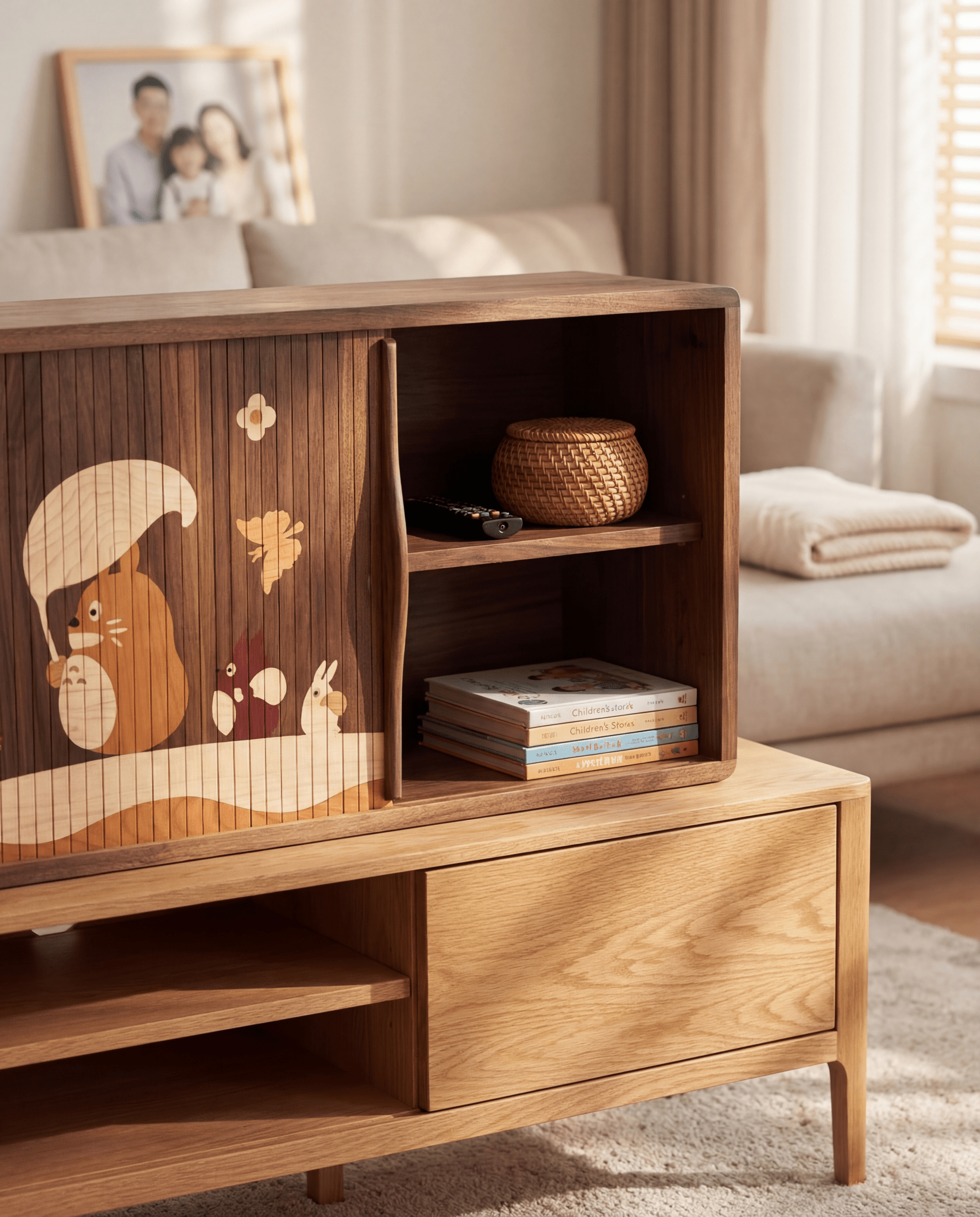 Elegant solid wood storage cabinet for desk accessories, handmade Totoro inlay