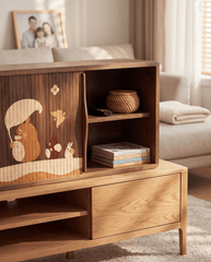 Elegant solid wood storage cabinet for desk accessories, handmade Totoro inlay