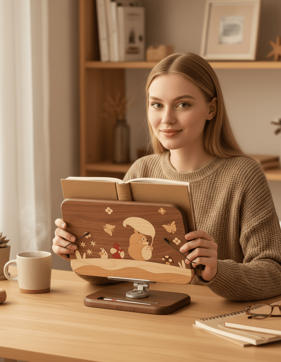 Black Walnut Tablet & Phone Stand with Little Prince Inlay – Adjustable Wooden Holder - WOOD KONG
