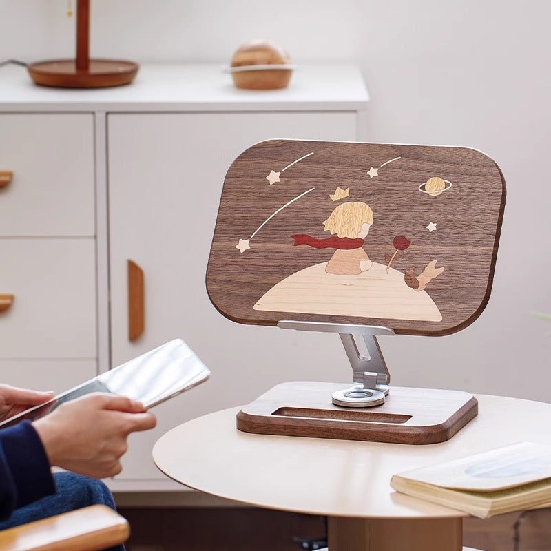Black Walnut Tablet & Phone Stand with Little Prince Inlay – Adjustable Wooden Holder for Desk & Bedside - WOOD KONG