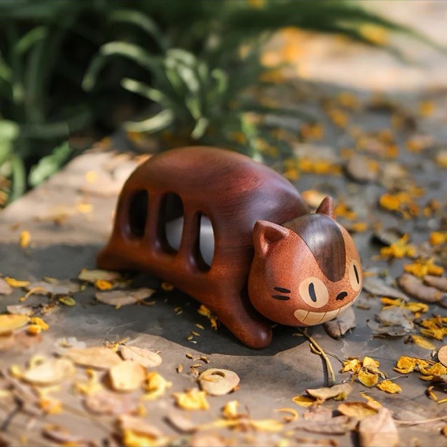 Cat Bus Wooden Night Light – Handmade Touch Control, USB - C Rechargeable Cozy Desk Lamp - WOOD KONG