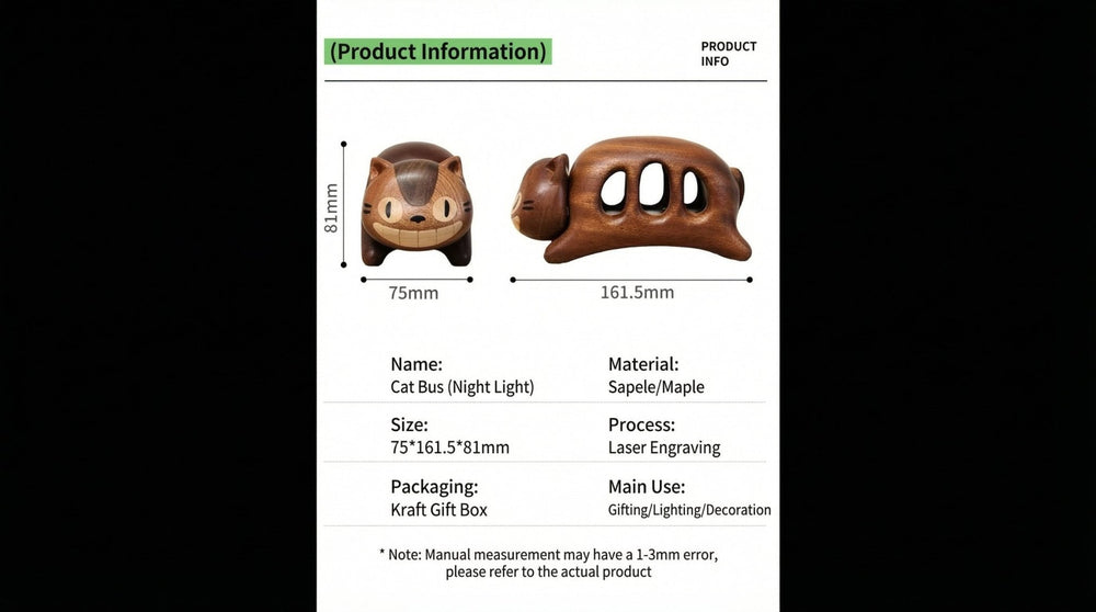 Cat Bus Wooden Night Light – Handmade Touch Control, USB - C Rechargeable Cozy Desk Lamp - WOOD KONG