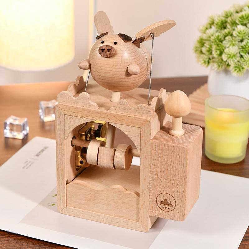 Celestial Flight | Handcrafted Wooden Automaton Flying Pig Music Box - WOOD KONG
