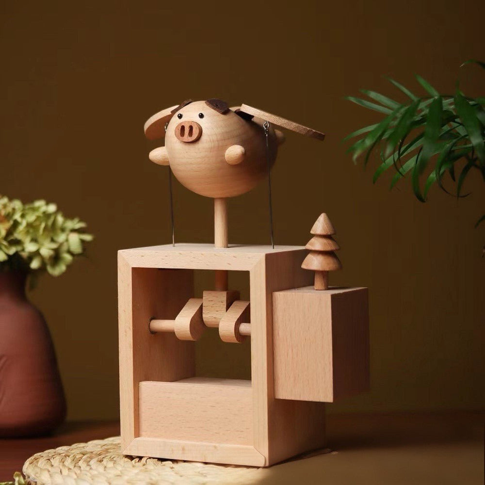 Celestial Flight | Handcrafted Wooden Automaton Flying Pig Music Box - WOOD KONG