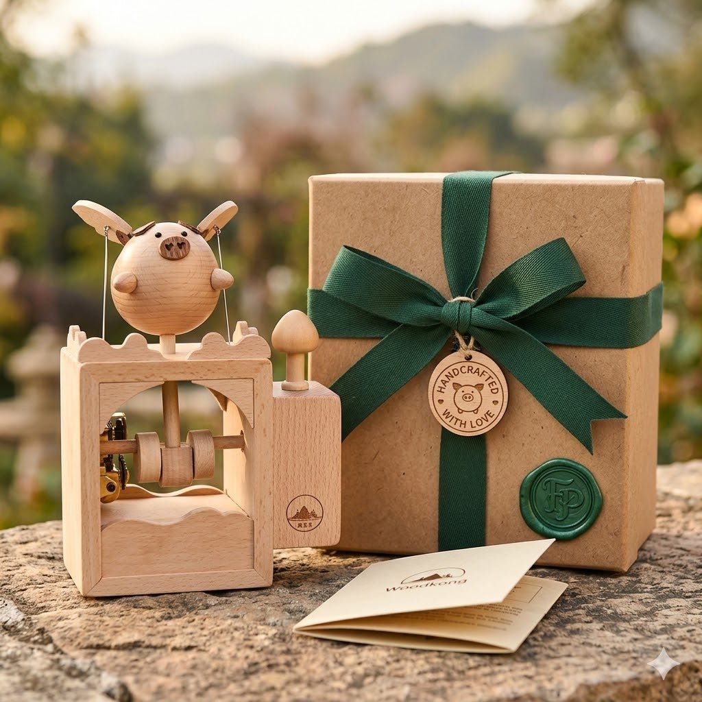 Celestial Flight | Handcrafted Wooden Automaton Flying Pig Music Box - WOOD KONG
