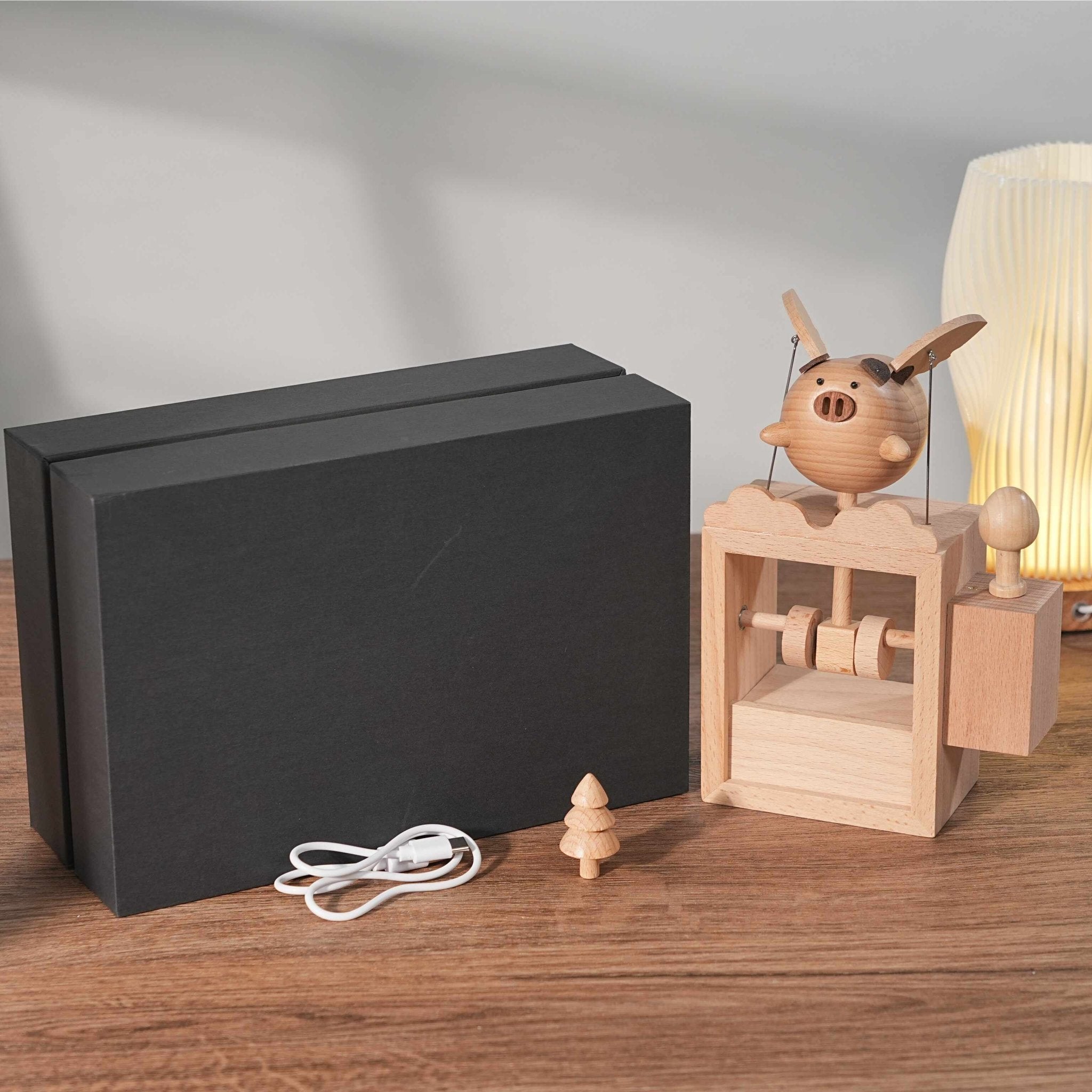 Celestial Flight | Handcrafted Wooden Automaton Flying Pig Music Box - WOOD KONG