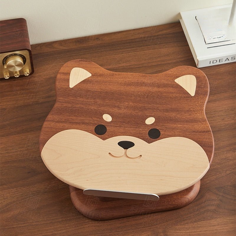 cute dog wooden Ipad Stand: Foldable Rotatable Tablet Holder Reading Rack - WOOD KONG