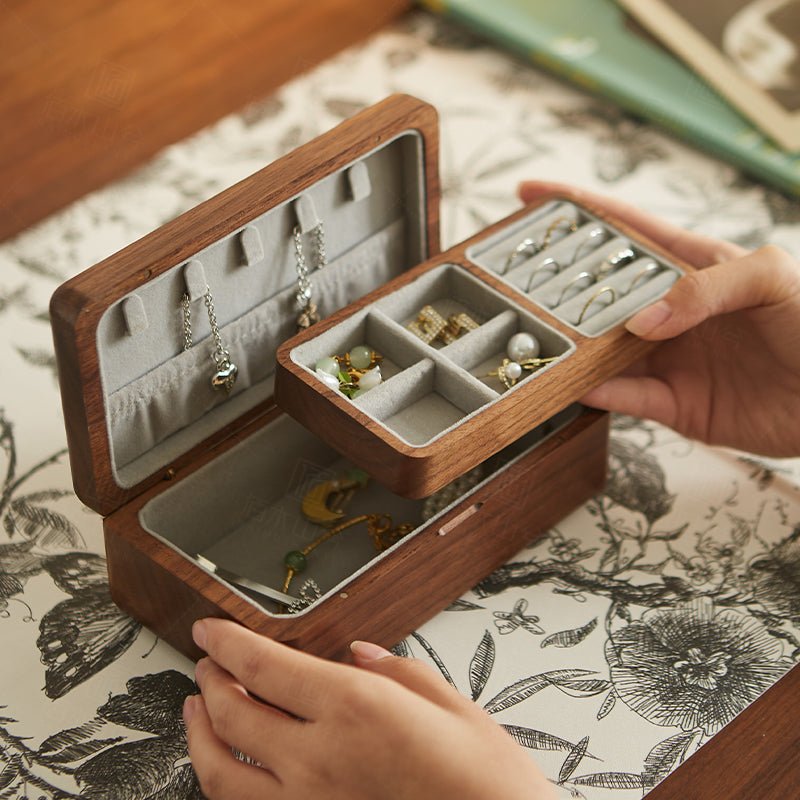 Elegant Dual - Layer Walnut Jewelry Box | Compact & Travel - Friendly - WOOD KONG