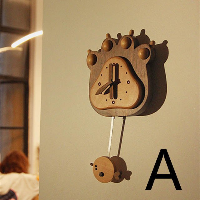 Fish And Bear Paw Cartoon Mute Solid Wood Pendulum Clock Indoor Wall Clock - WOOD KONG