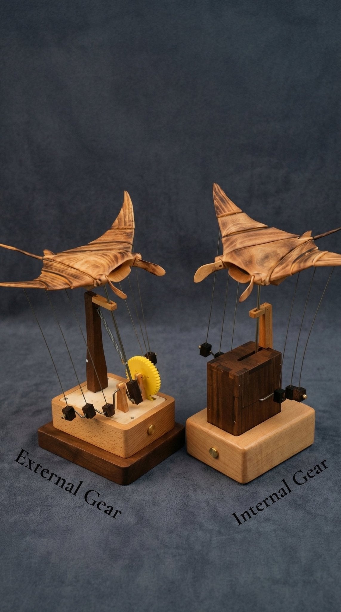 Handcrafted Kinetic Manta Ray Wood Sculpture: Solid Walnut, Silent Motion, USB - C Rechargeable - WOOD KONG