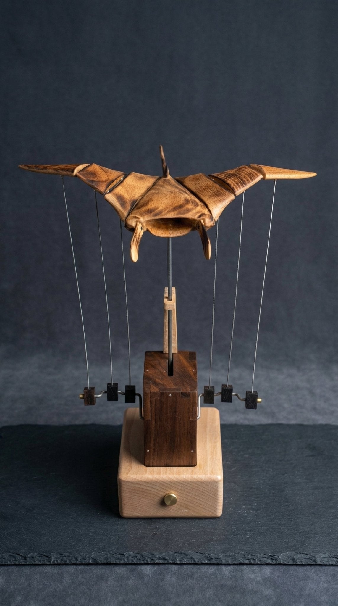 Handcrafted Kinetic Manta Ray Wood Sculpture: Solid Walnut, Silent Motion, USB - C Rechargeable - WOOD KONG