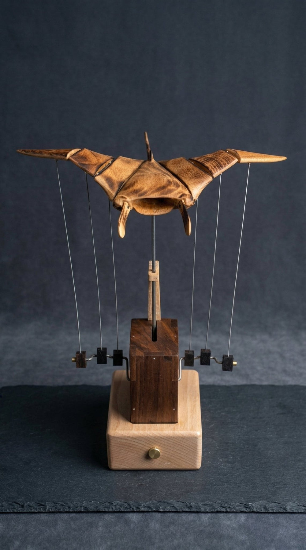 Handcrafted Kinetic Manta Ray Wood Sculpture: Solid Walnut, Silent Motion, USB - C Rechargeable - WOOD KONG