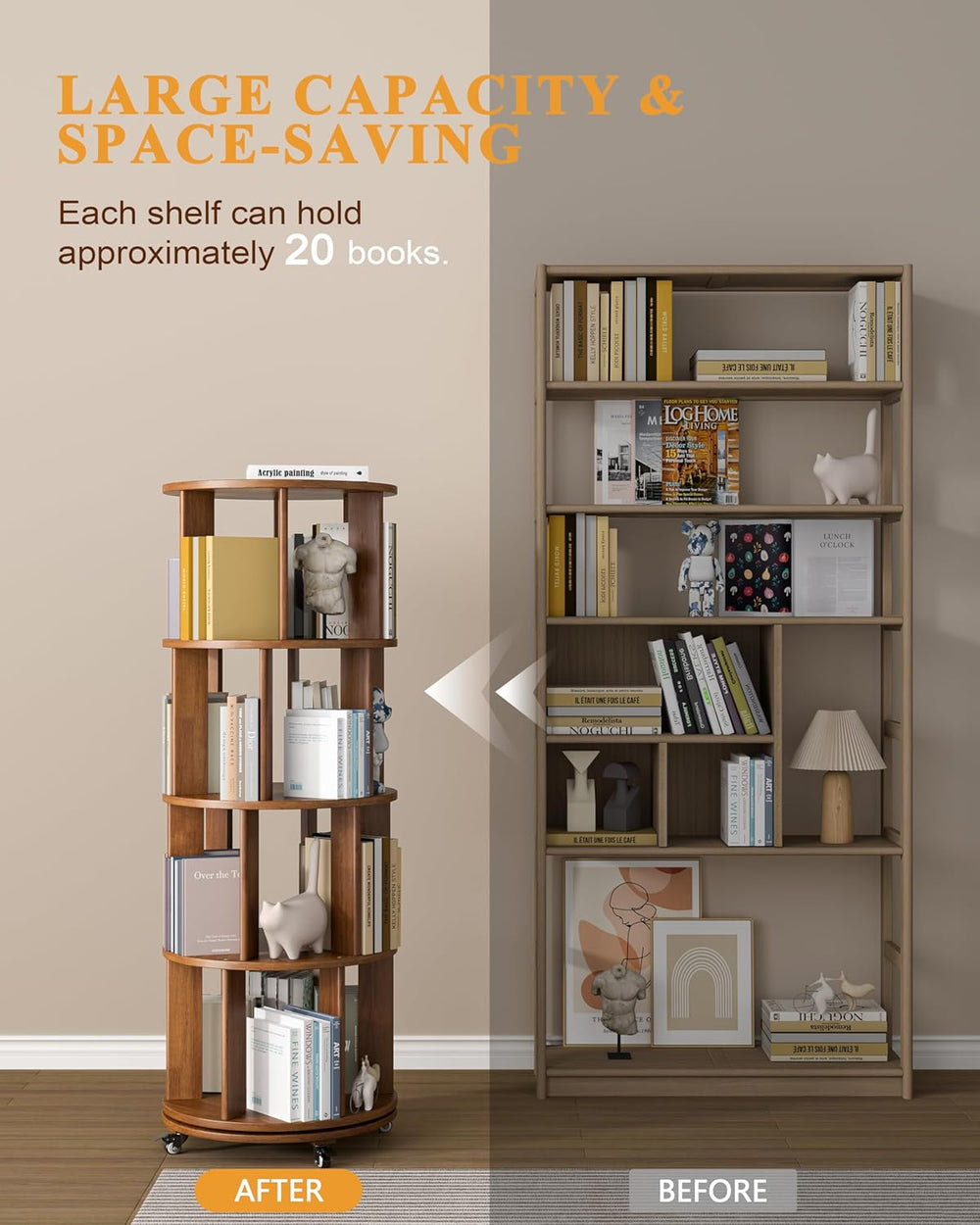 Minimalist Solid Wood Rotating Bookshelf, 360° Swivel Bookcase for Modern Home Decor - WOOD KONG