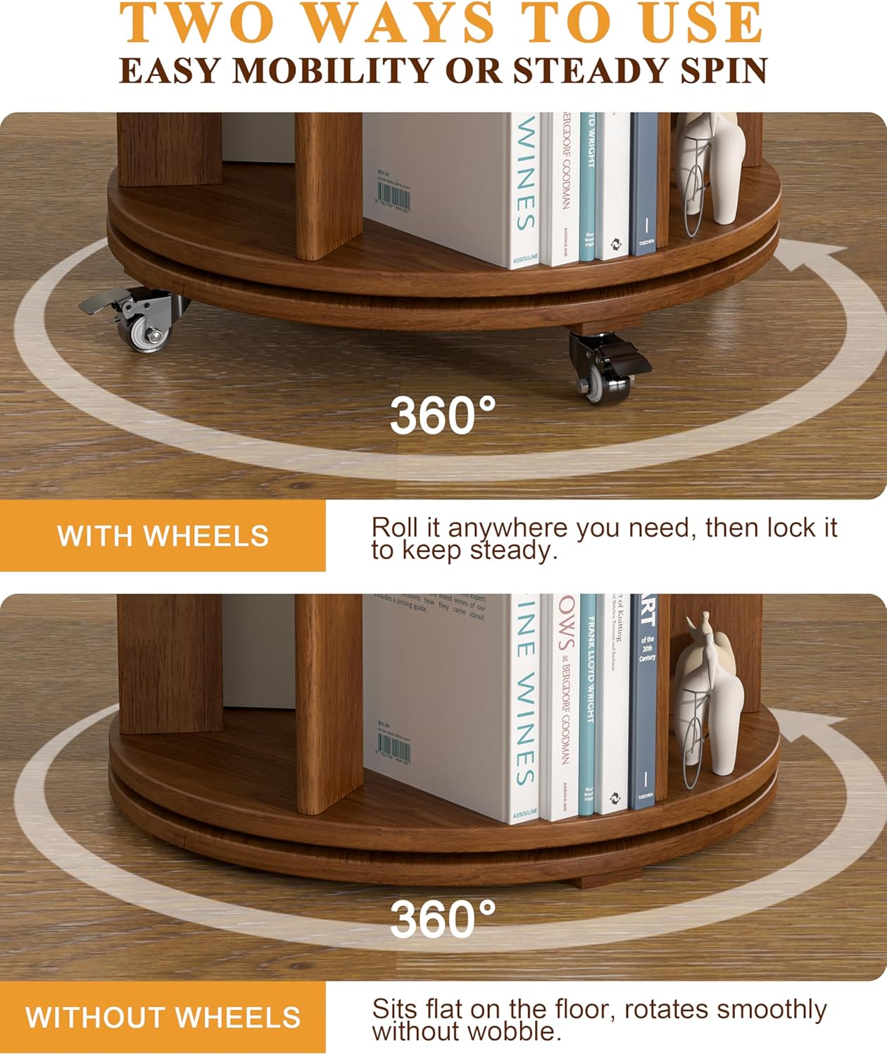 Minimalist Solid Wood Rotating Bookshelf, 360° Swivel Bookcase for Modern Home Decor - WOOD KONG