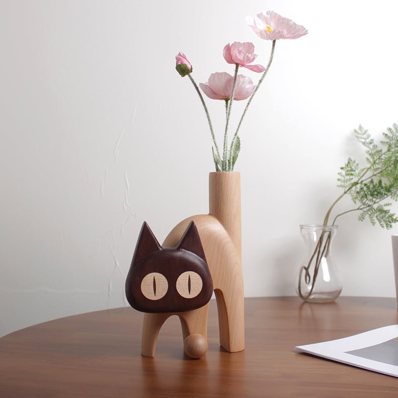 Rotatable Wooden Cat Vase: A Perfect Blend of Sculpture and Floral Elegance - WOOD KONG