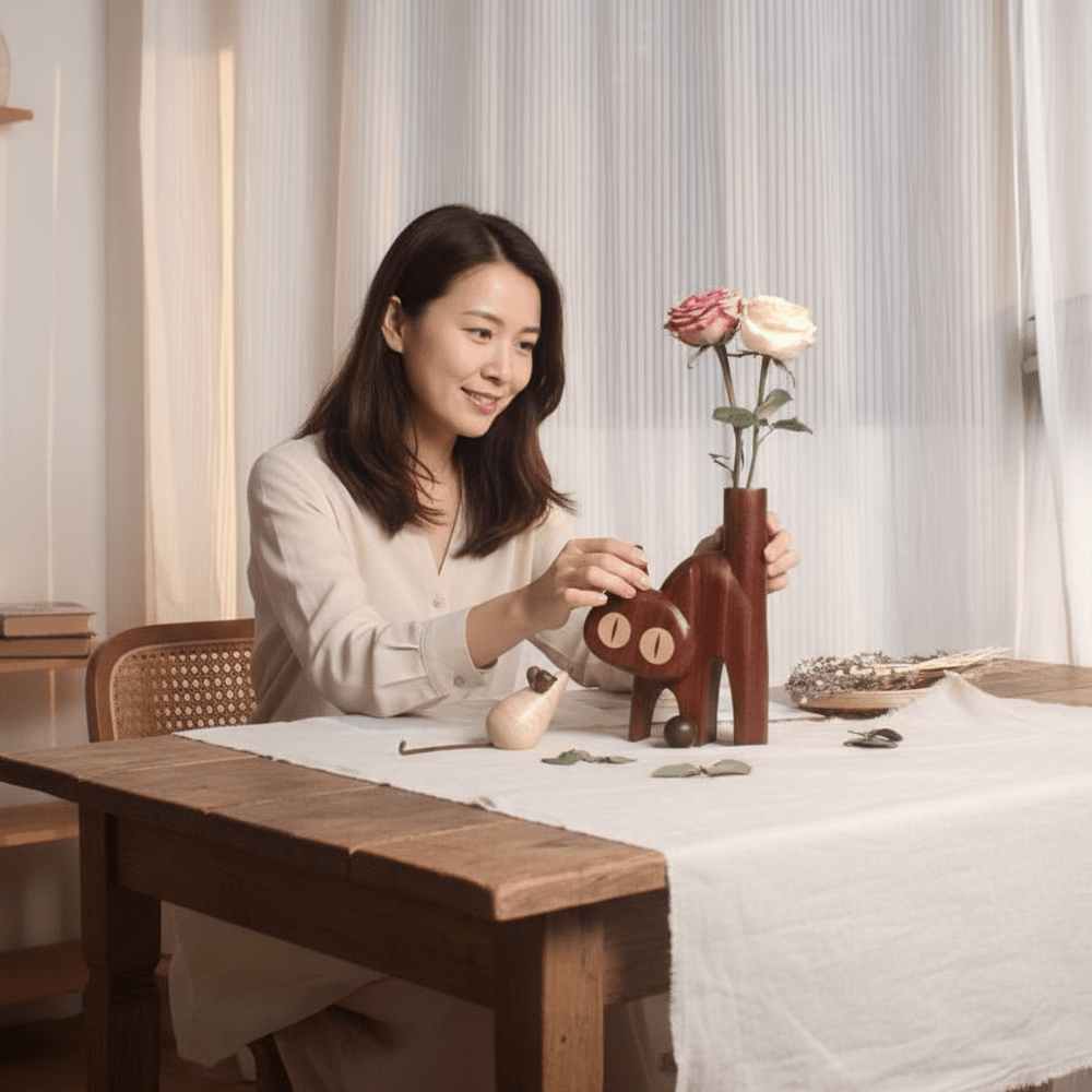 Rotatable Wooden Cat Vase: A Perfect Blend of Sculpture and Floral Elegance - WOOD KONG