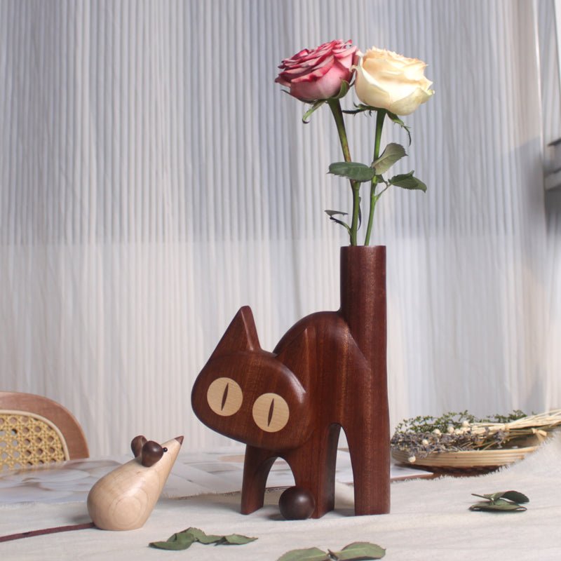 Rotatable Wooden Cat Vase: A Perfect Blend of Sculpture and Floral Elegance - WOOD KONG