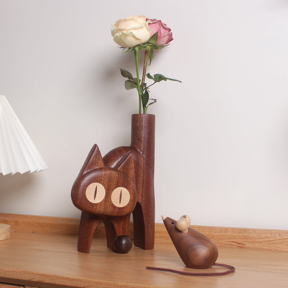 Rotatable Wooden Cat Vase: A Perfect Blend of Sculpture and Floral Elegance - WOOD KONG