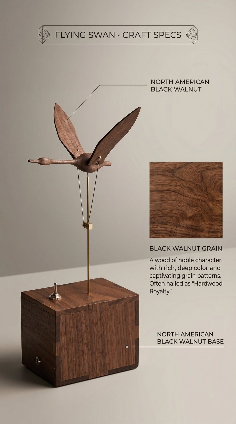 The Ethereal Swan: Handcrafted Black Walnut Kinetic Sculpture & Automata - WOOD KONG