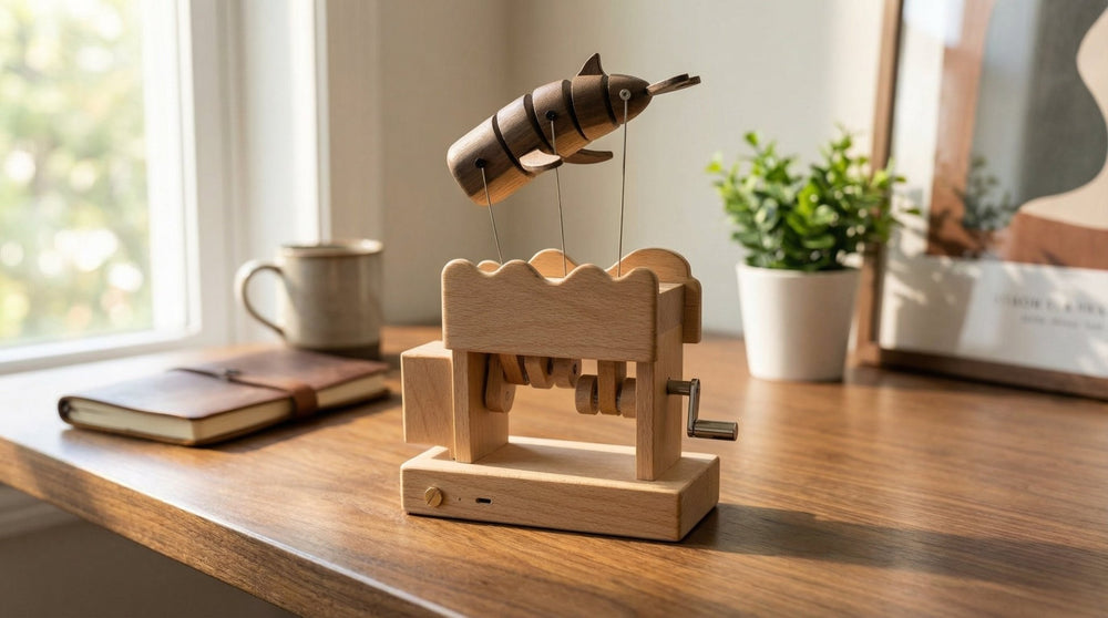 USB - C Rechargeable Wooden Mechanical Whale Desk Ornament (Black Walnut / Beech) - WOOD KONG