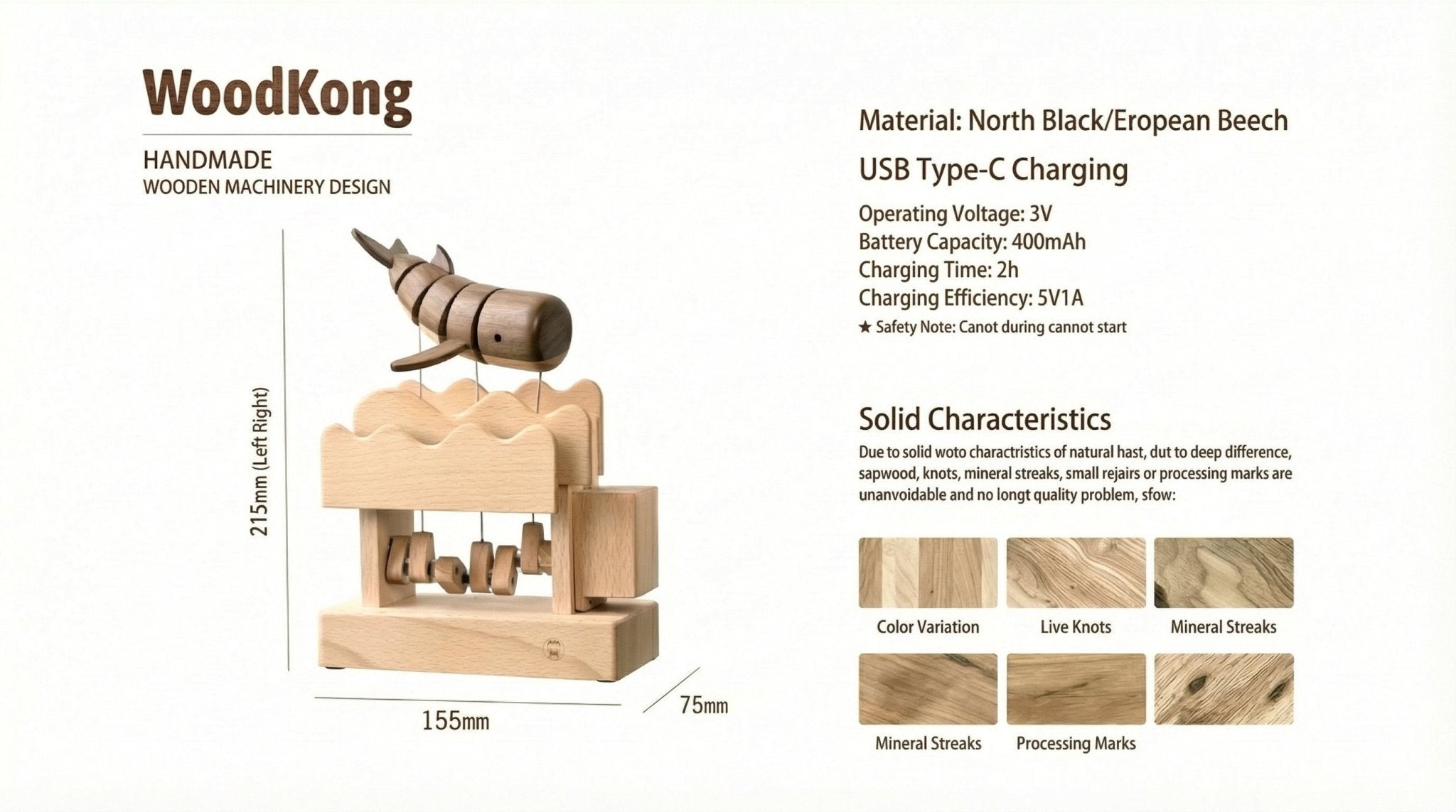 USB - C Rechargeable Wooden Mechanical Whale Desk Ornament (Black Walnut / Beech) - WOOD KONG