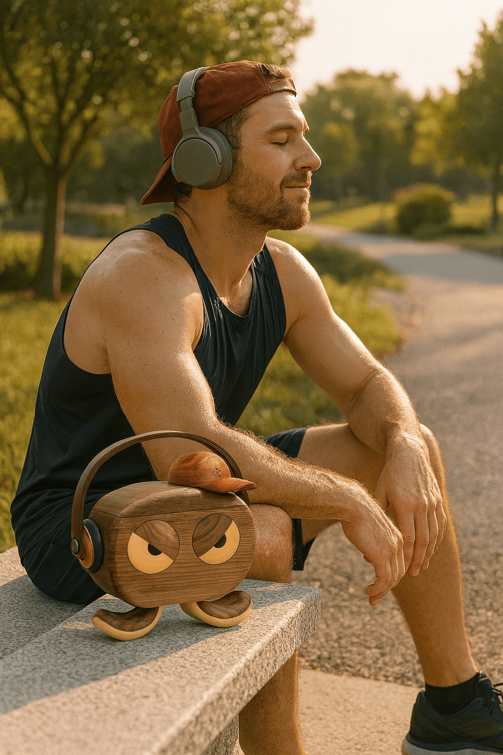 A man wearing headphones and a red cap relaxing on a park bench beside a handcrafted wooden octopus jewelry box